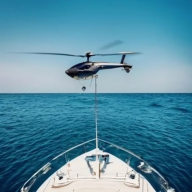 Helicopter about to land on a yacht